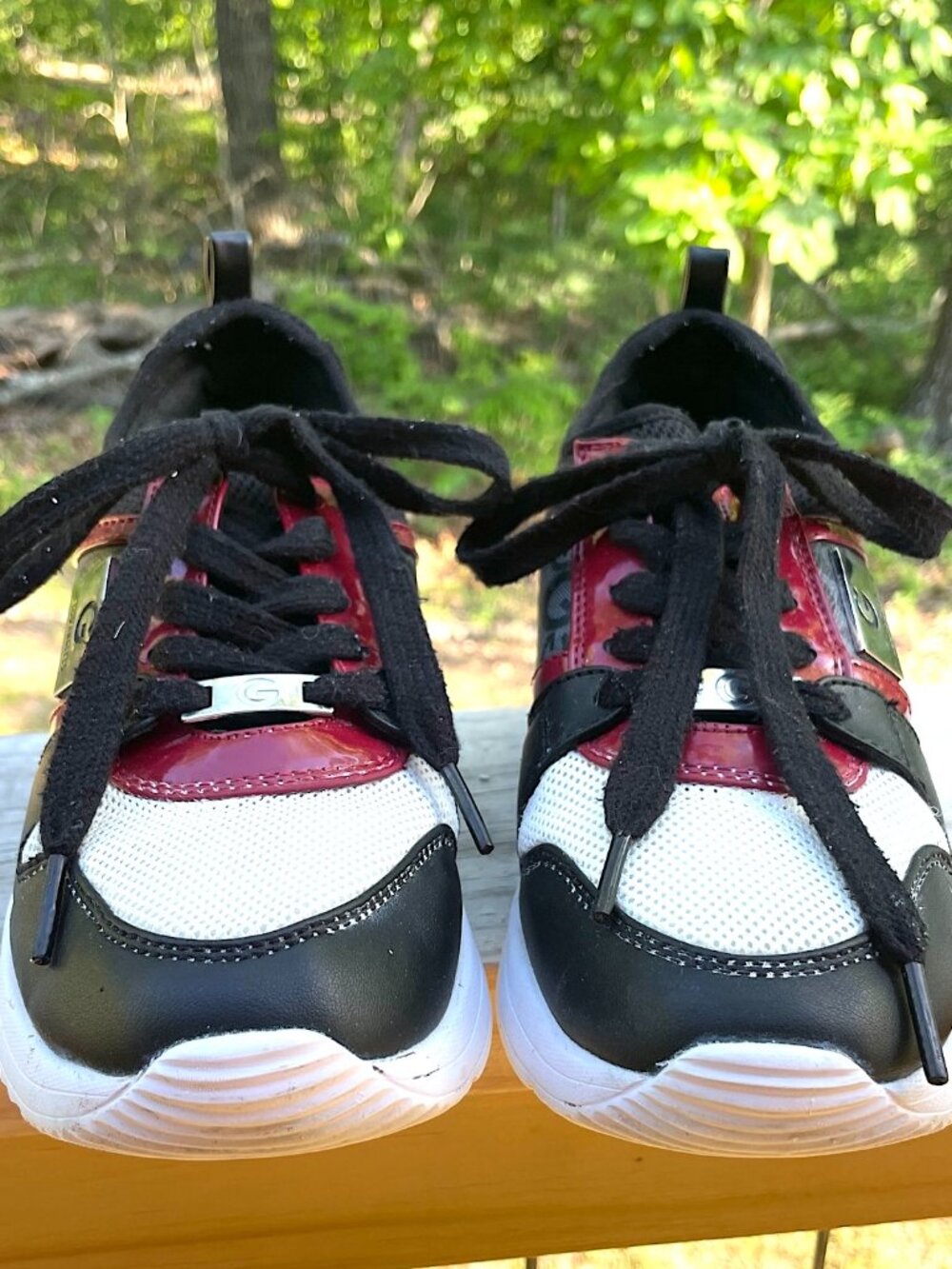 Guess G Los Angeles Chunky Sneakers Red Patent Black Womens Sz 8 Y2K Color Block